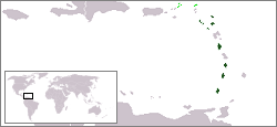 Map of the Eastern Caribbean showing OECS member states (dark green) and associate member states (light green).
